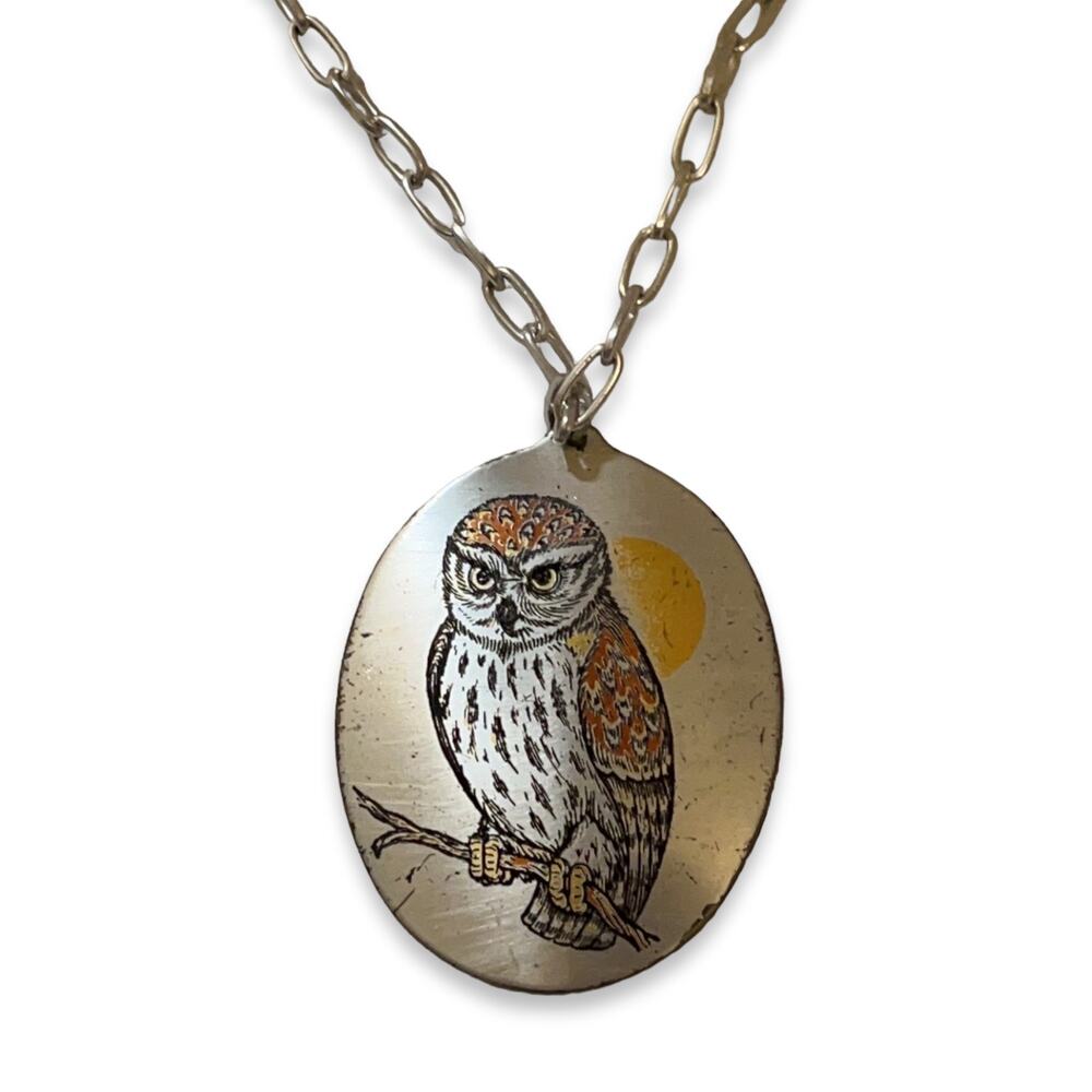 Signed Reed & Barton Damascene Owl Pendant Chain Necklace - Vintage -cccc